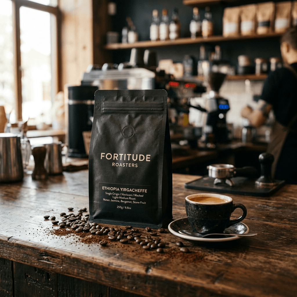 Verocaffe Roasted Coffee Beans and Espresso Cup